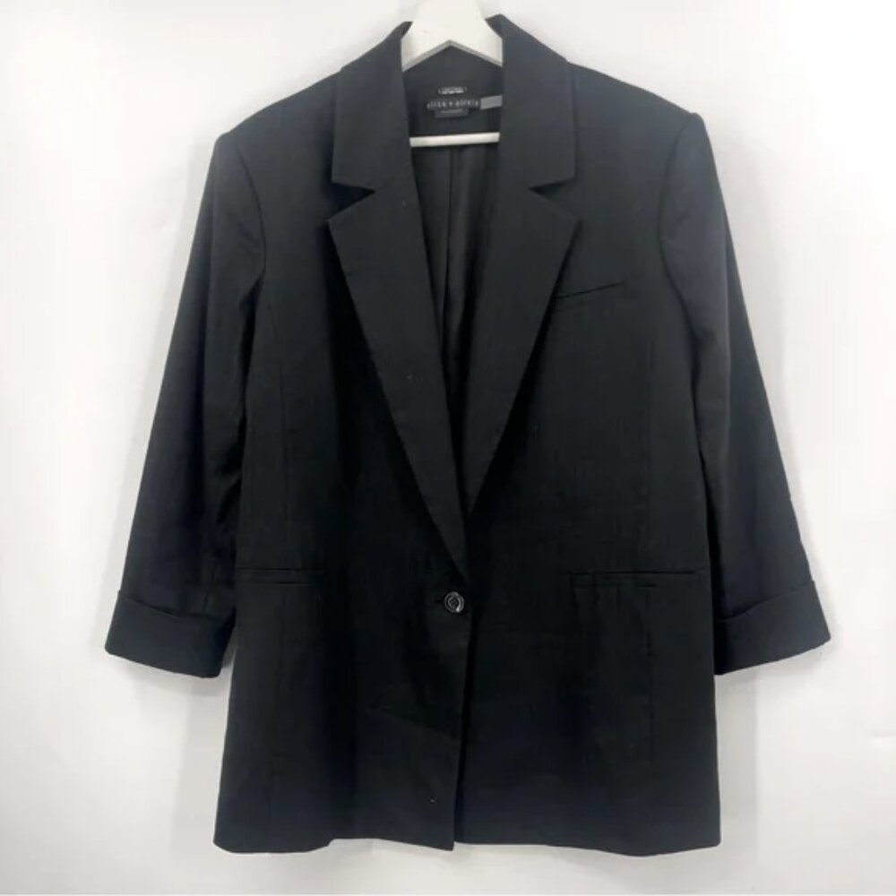 Alice + Olivia Shan Linen Rolled Cuff Blazer in Black Size 14 Like New - Picture 4 of 8